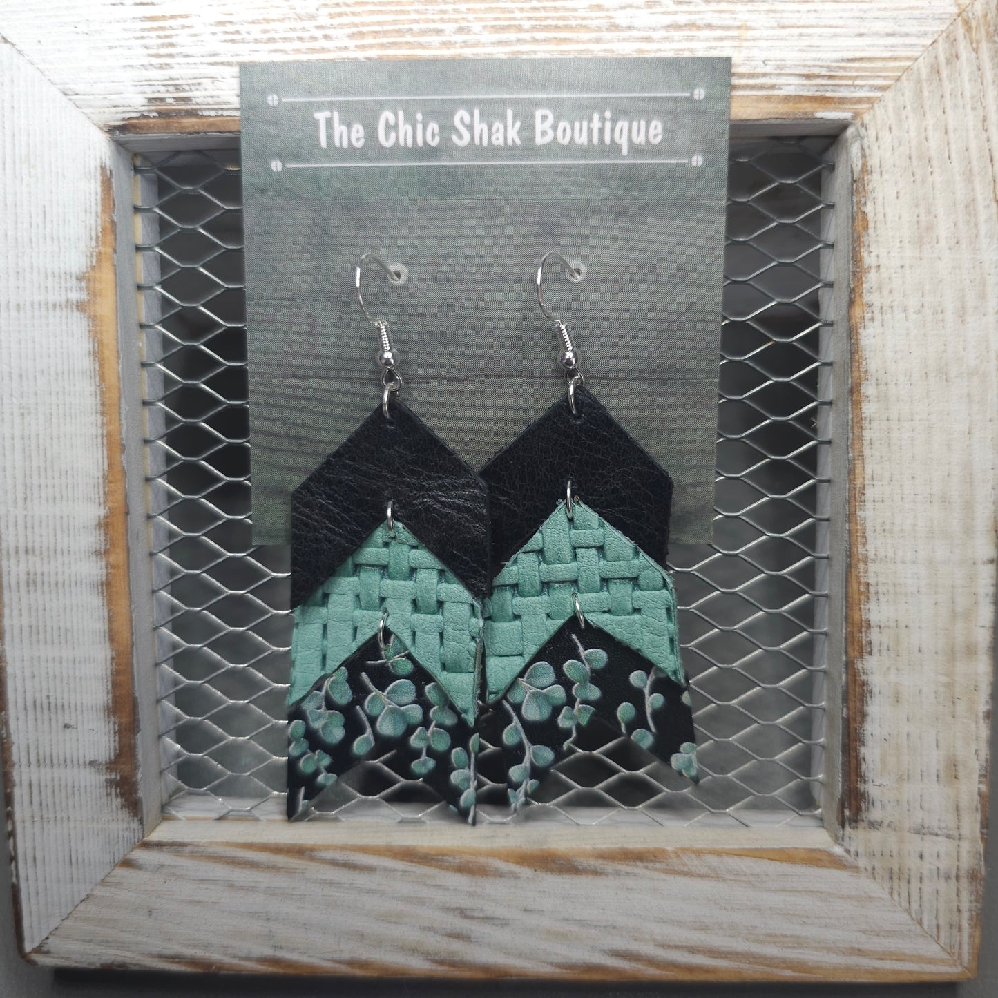 Sea Green Eucalyptus on Black Leather Earrings