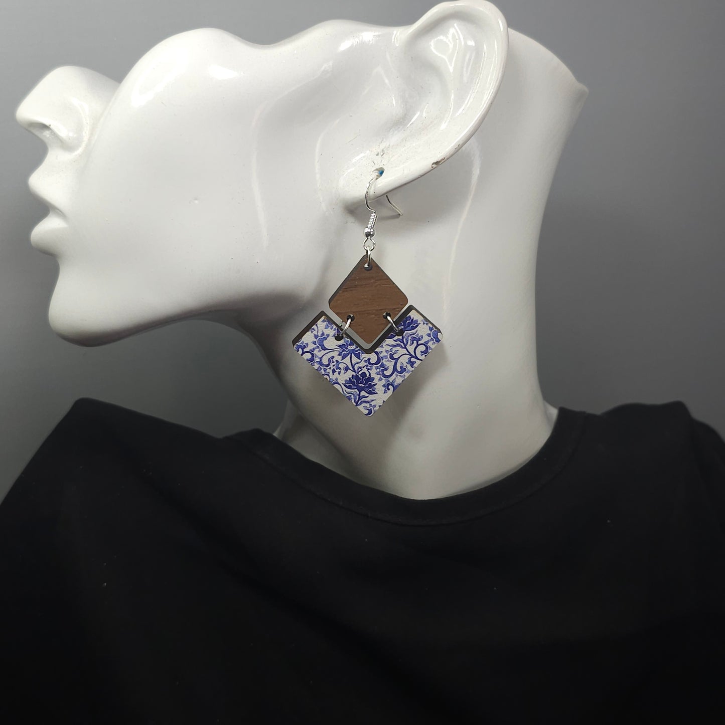 Patterned Antique Floral and Wood Earrings