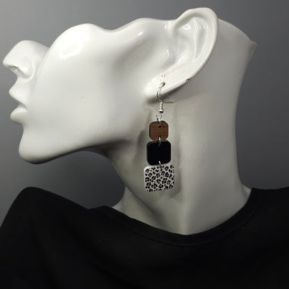 Snow Leopard Acrylic, Black Acrylic, and Wood Square Earrings