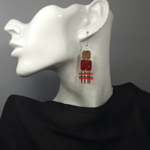 Christmas Red Green Plaid Glitter Acrylic and Wood Square Trio Set Earrings