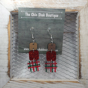 Christmas Red Green Plaid Glitter Acrylic and Wood Square Trio Set Earrings