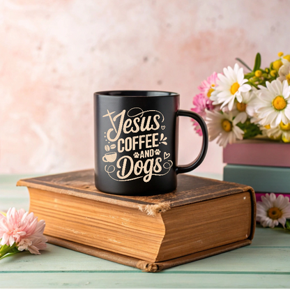 Jesus Coffee and Dogs Black Mug — Faithful Coffee Lover Gift (11oz, 15oz)