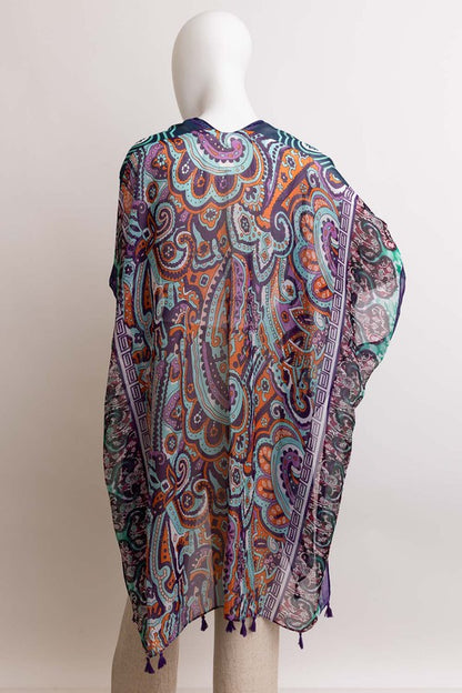 Paisley Printed Open Front Kimono w/ Cinched Arms