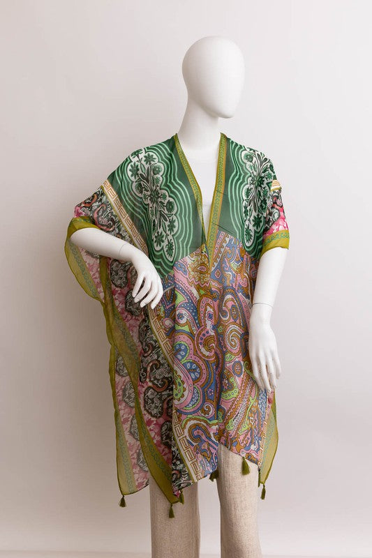 Paisley Printed Open Front Kimono w/ Cinched Arms