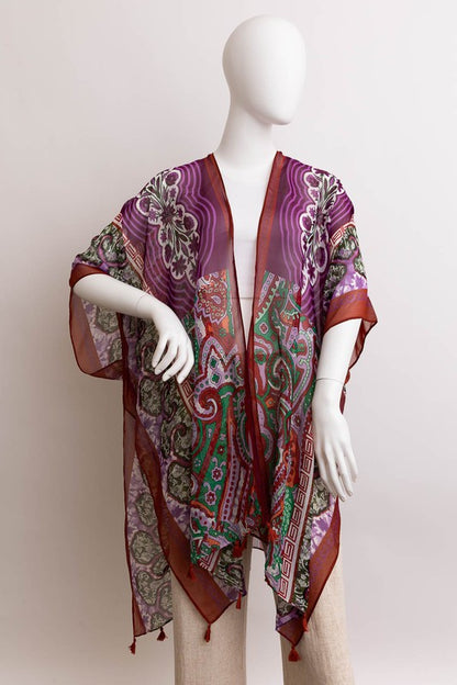 Paisley Printed Open Front Kimono w/ Cinched Arms