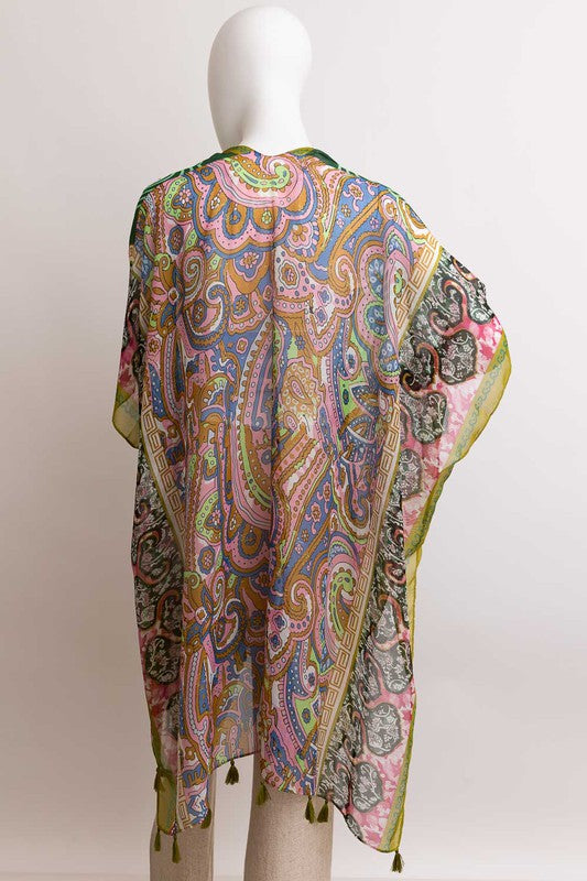 Paisley Printed Open Front Kimono w/ Cinched Arms