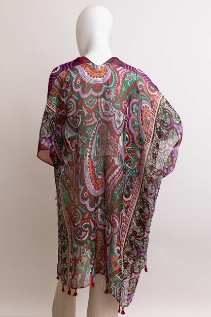 Paisley Printed Open Front Kimono w/ Cinched Arms