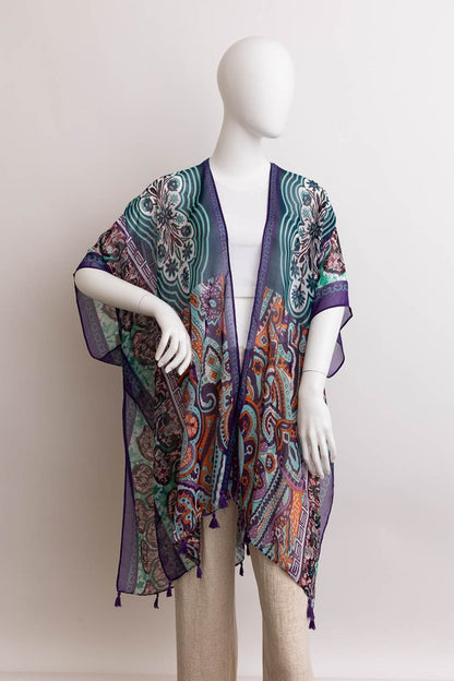 Paisley Printed Open Front Kimono w/ Cinched Arms