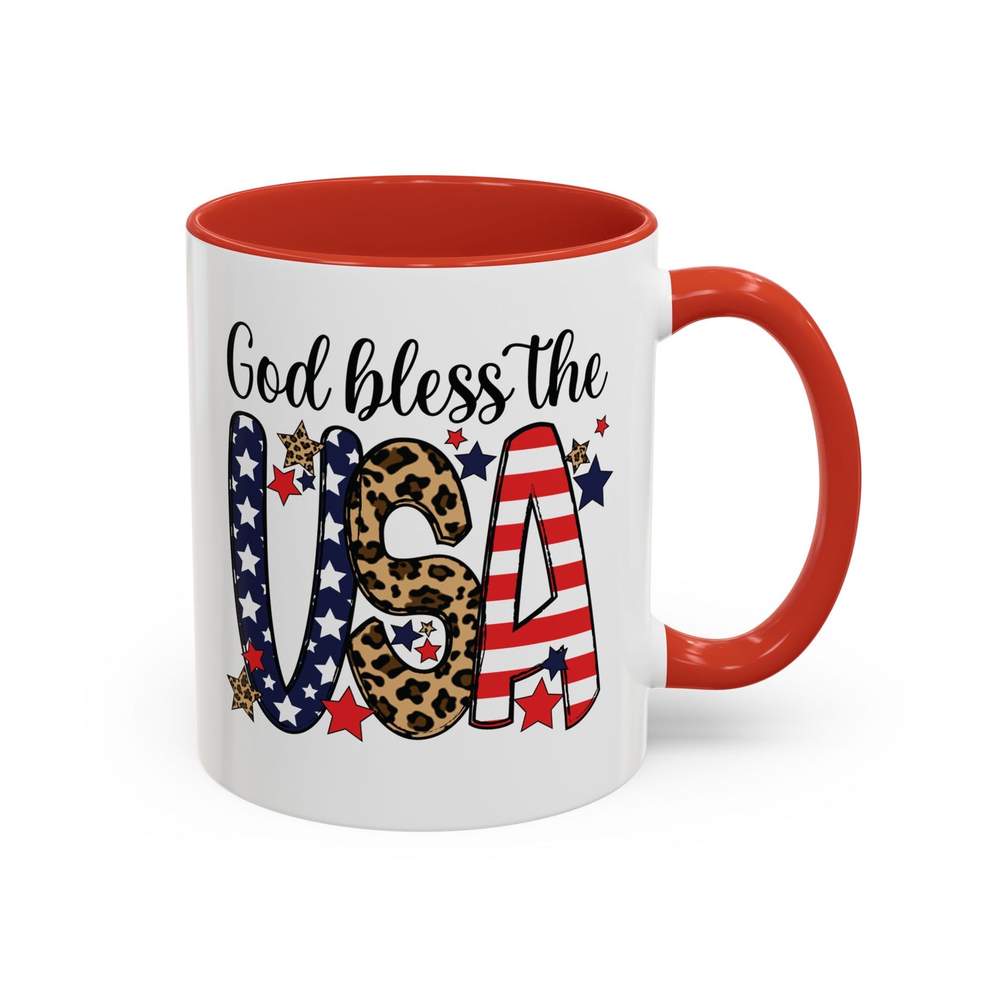 God Bless the USA Accent Coffee Mug – Patriotic Stars & Leopard 11/15oz