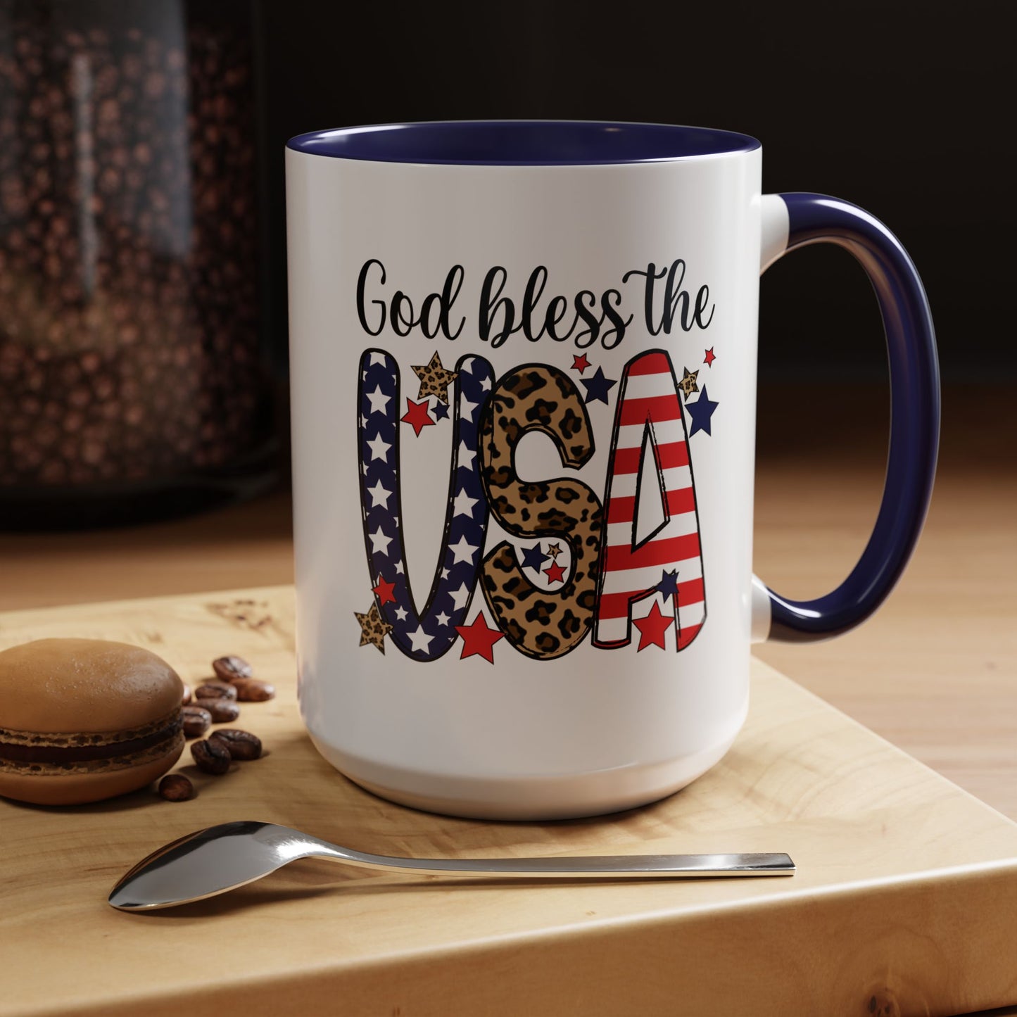 God Bless the USA Accent Coffee Mug – Patriotic Stars & Leopard 11/15oz