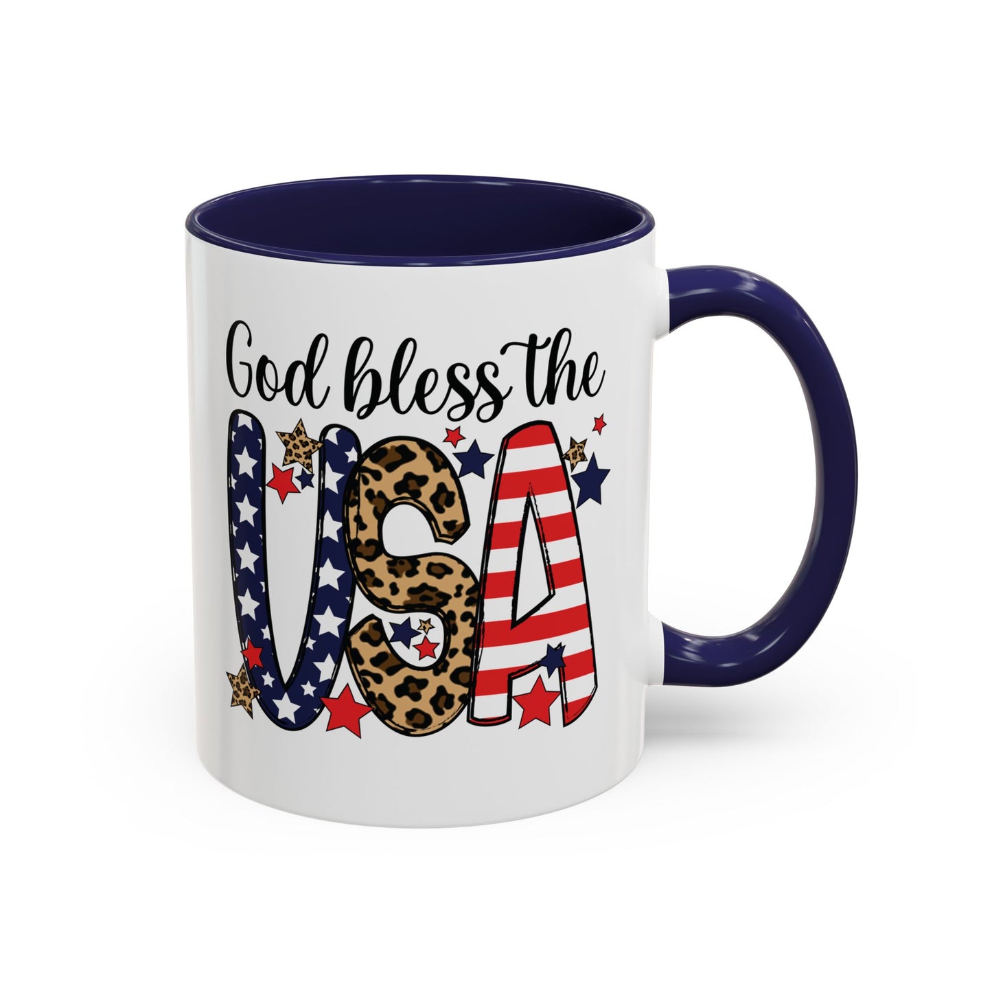 God Bless the USA Accent Coffee Mug – Patriotic Stars & Leopard 11/15oz