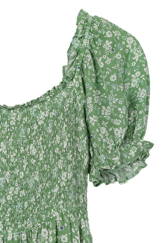 Green Floral Puff Sleeve Dress