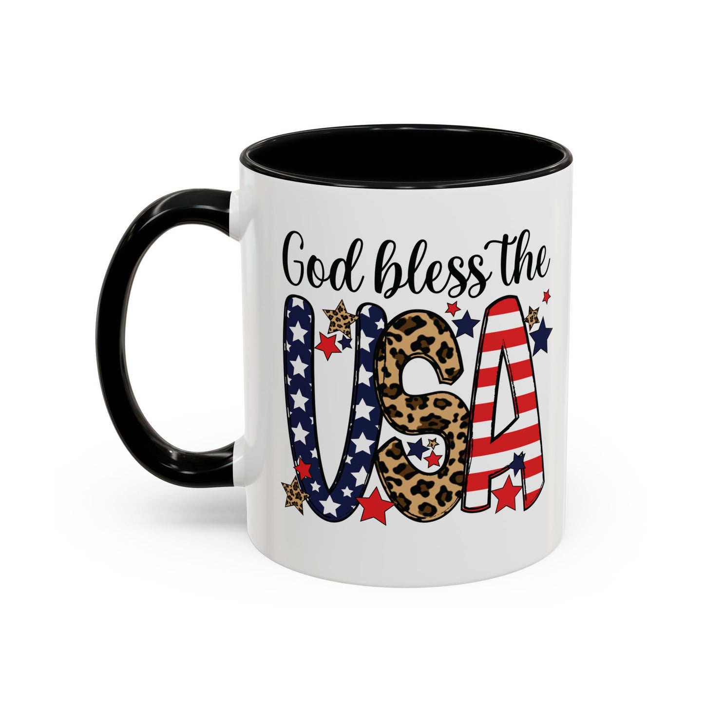 God Bless the USA Accent Coffee Mug – Patriotic Stars & Leopard 11/15oz