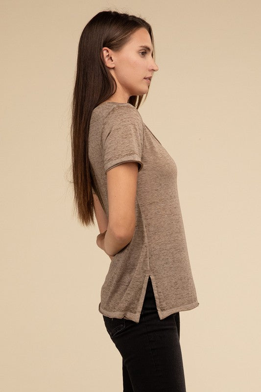 Washed Melange Burnout Scoop V-Neck Top