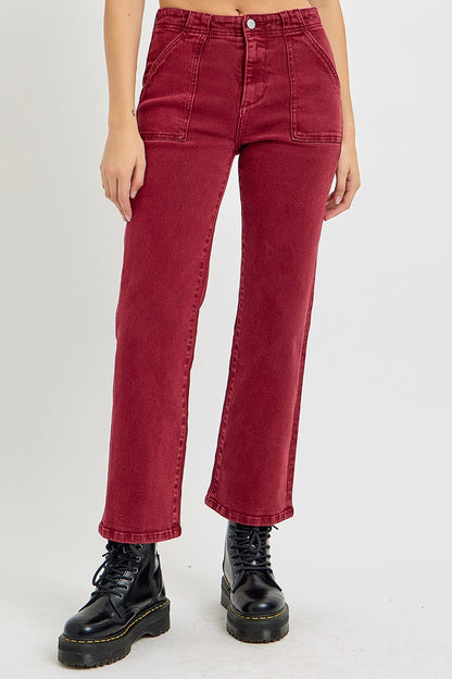 RISEN High Rise Straight Jeans with Patch Pockets