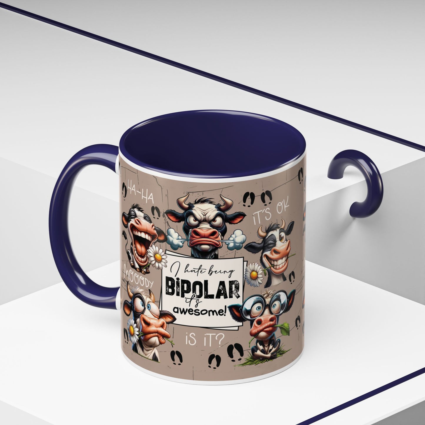 Bipolar Cow Funny Accent Coffee Mug — Humorous Mood-Flip Cow (11oz)