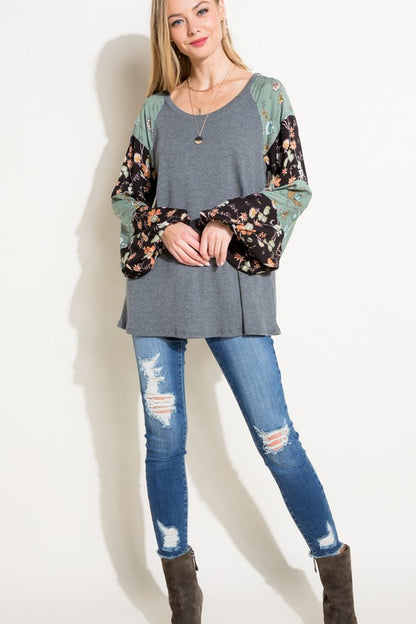 Floral Mixed Puff Long Sleeve Top