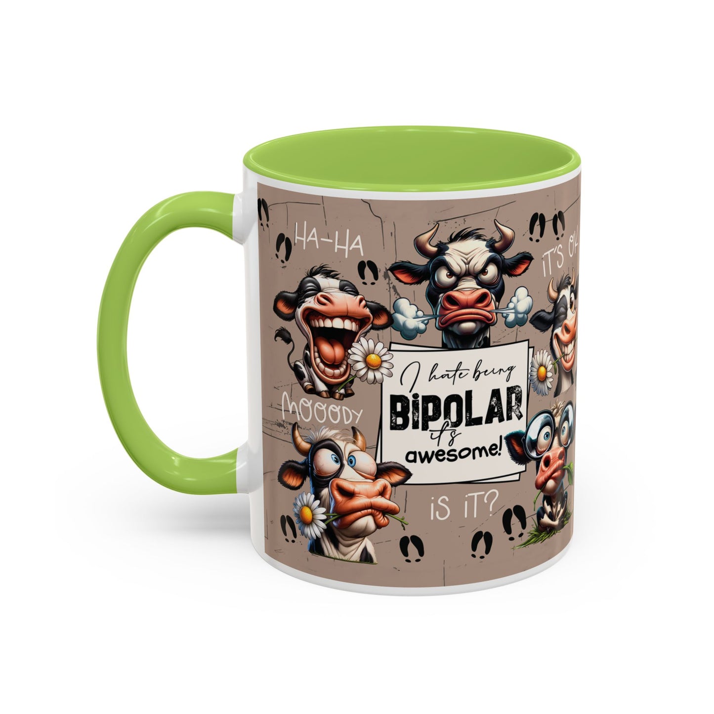 Bipolar Cow Funny Accent Coffee Mug — Humorous Mood-Flip Cow (11oz)