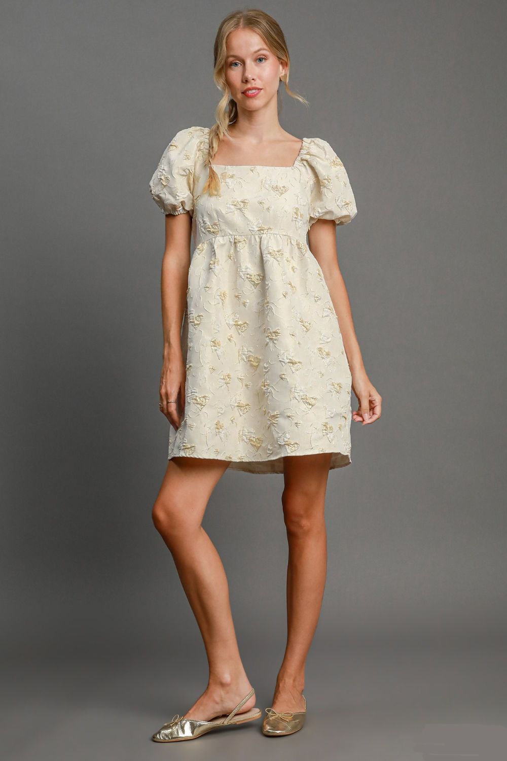 Umgee Heart Jacquard Puff Sleeve Mini Dress