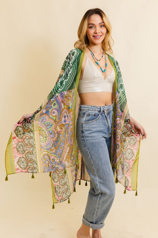 Paisley Printed Open Front Kimono w/ Cinched Arms