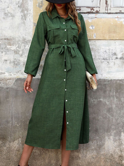 Collared Long Sleeve Midi Shirt Dress