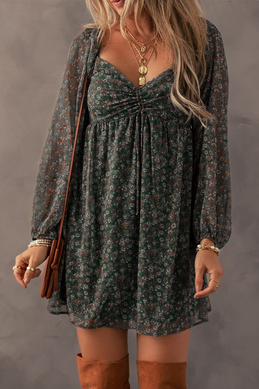 Ruched Fall Floral Print Long Sleeve Mini Dress