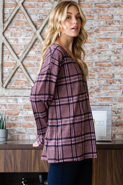 Heimish Plaid V-Neck Long Sleeve Top