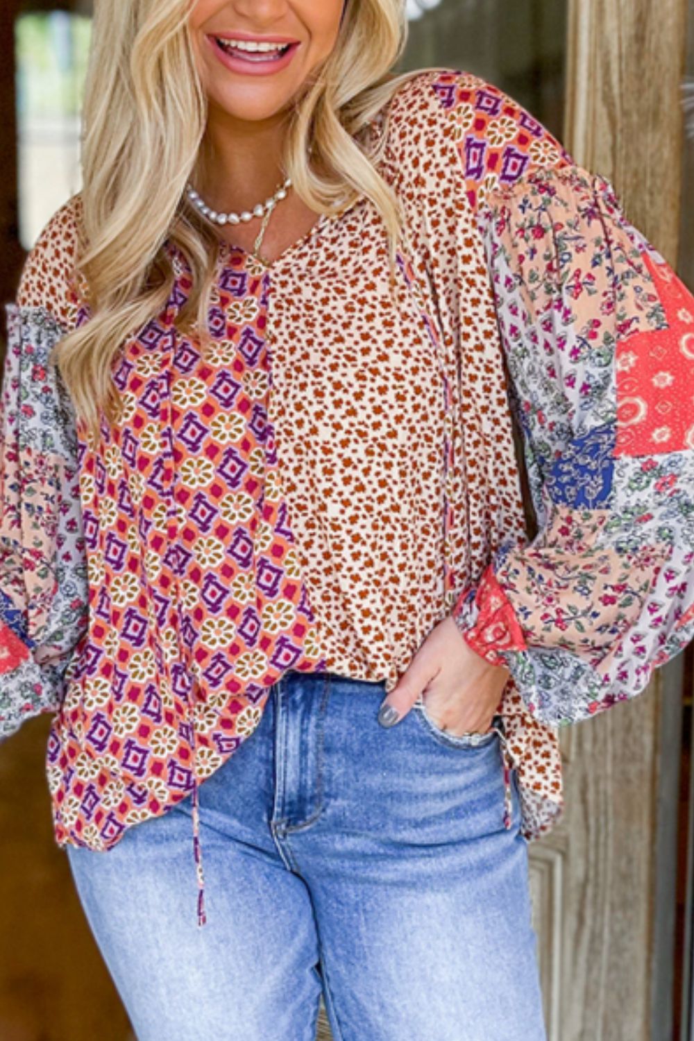 Multi Print Long Sleeve Blouse