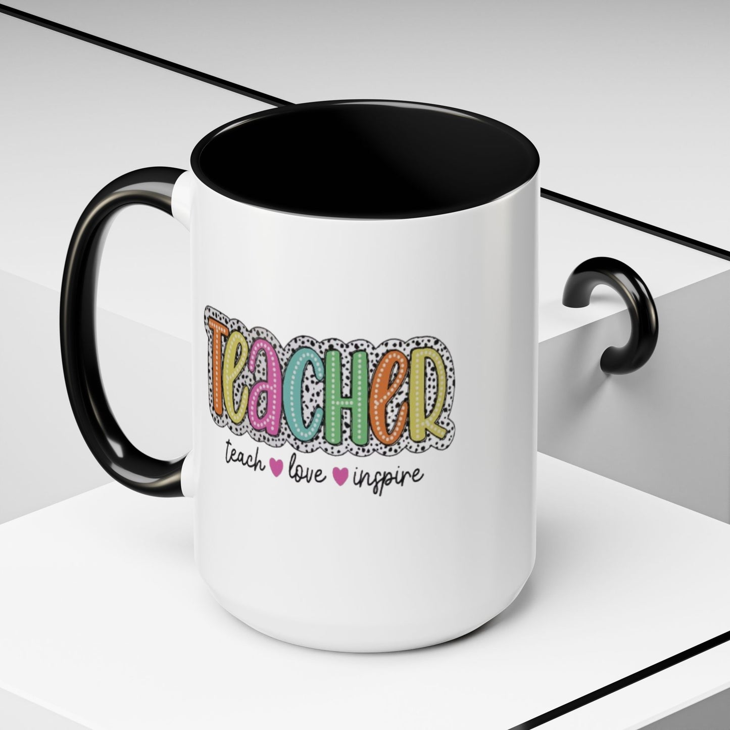 Teacher Coffee Mug - "Teacher" Colorful Doodle Design, Teach • Love • Inspire Accent Mug (11oz/15oz)