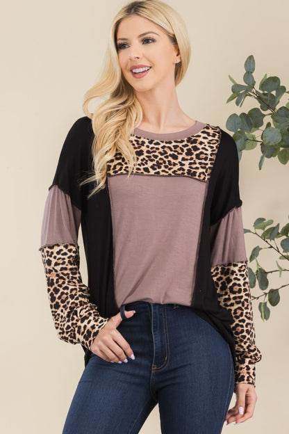 Celeste Leopard Color Block Exposed Seam T-Shirt