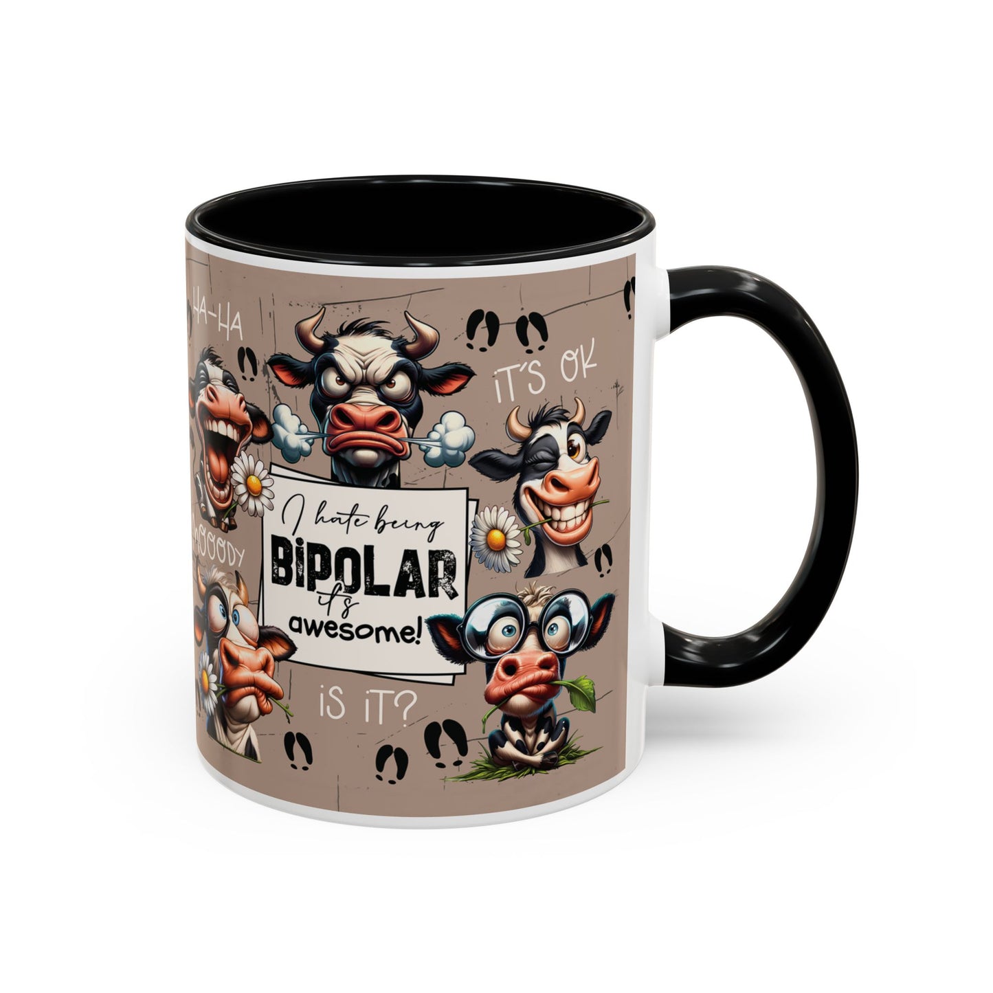 Bipolar Cow Funny Accent Coffee Mug — Humorous Mood-Flip Cow (11oz)
