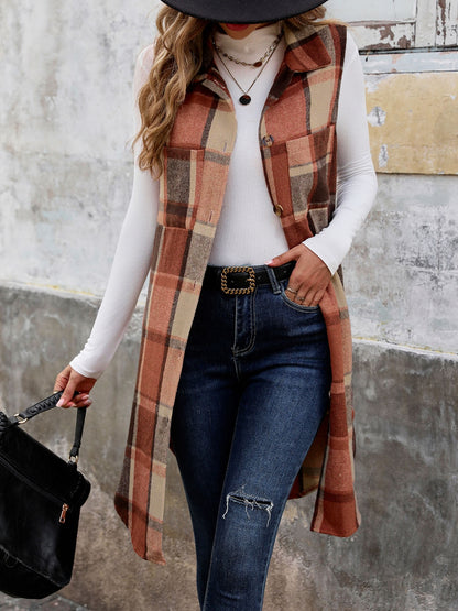 Button Up Plaid Vest With Pockets