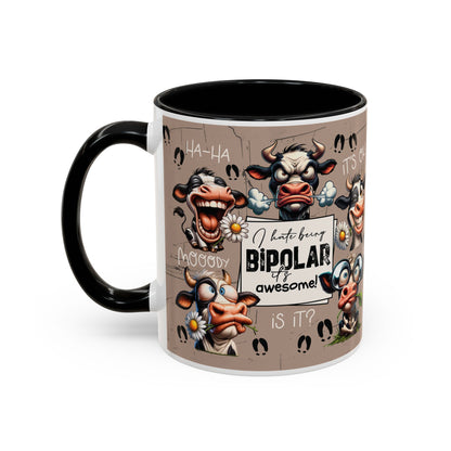 Bipolar Cow Funny Accent Coffee Mug — Humorous Mood-Flip Cow (11oz)