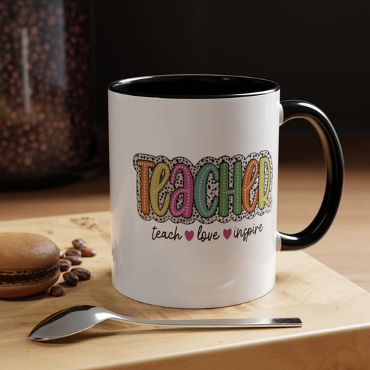 Teacher Coffee Mug - "Teacher" Colorful Doodle Design, Teach • Love • Inspire Accent Mug (11oz/15oz)
