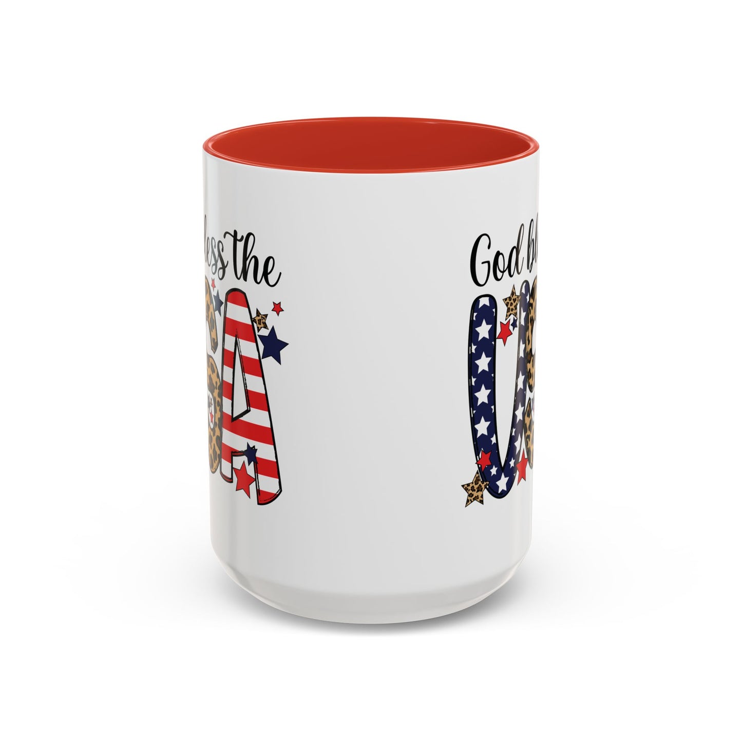 God Bless the USA Accent Coffee Mug – Patriotic Stars & Leopard 11/15oz