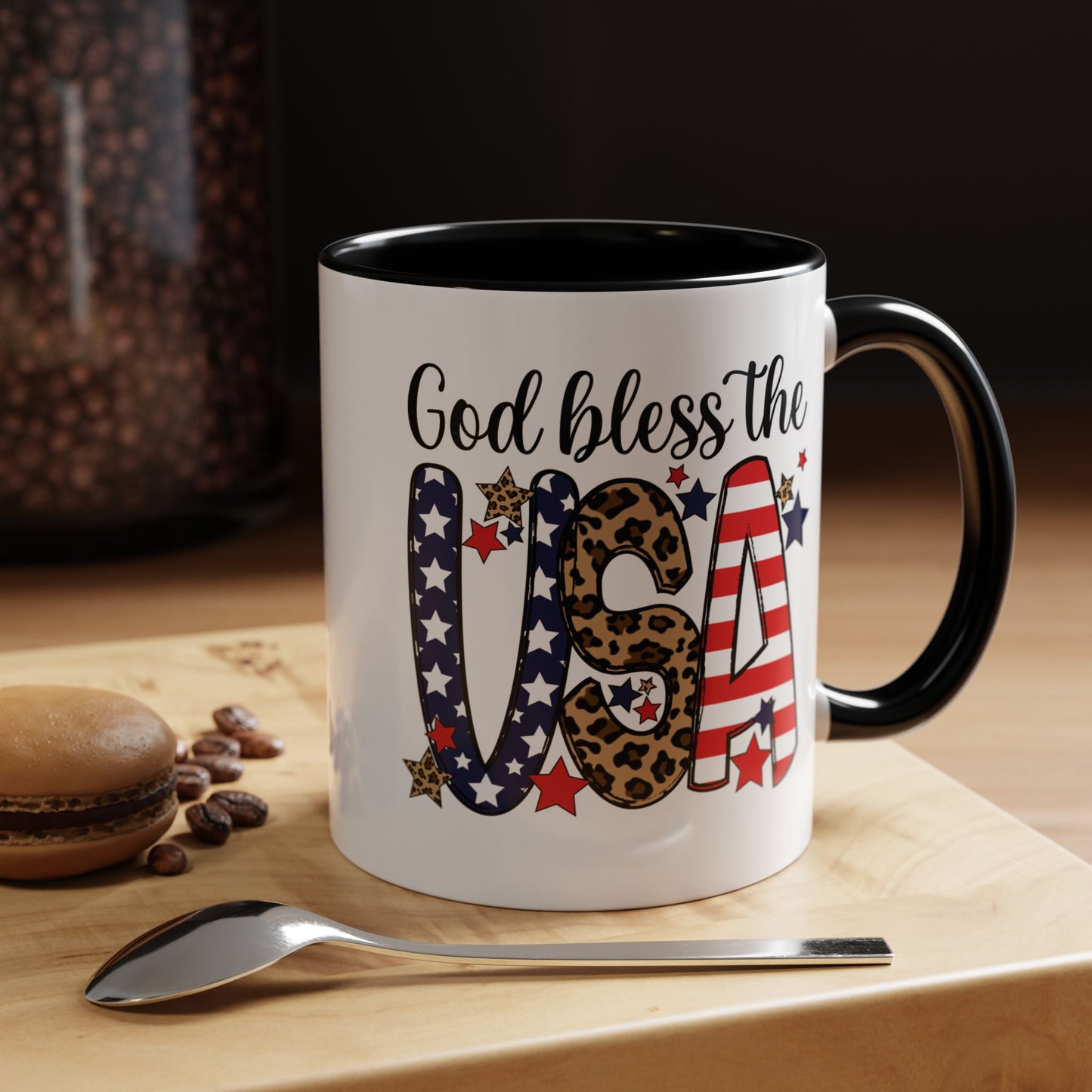 God Bless the USA Accent Coffee Mug – Patriotic Stars & Leopard 11/15oz