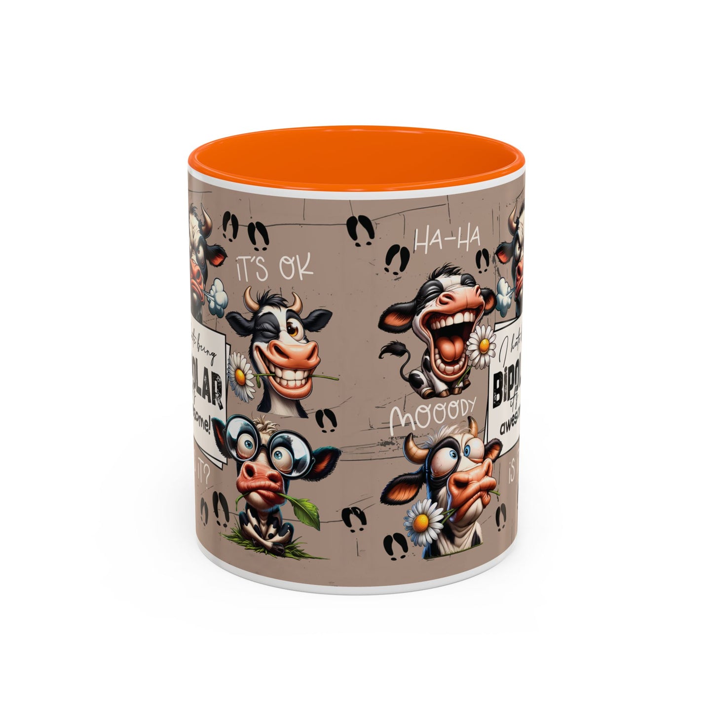 Bipolar Cow Funny Accent Coffee Mug — Humorous Mood-Flip Cow (11oz)