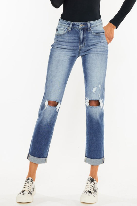 KanCan High Waist Distressed Hem Detail Cropped Straight Jeans