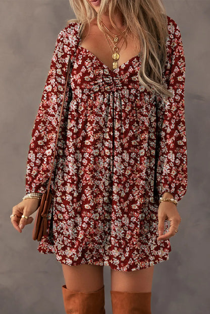 Ruched Fall Floral Print Long Sleeve Mini Dress