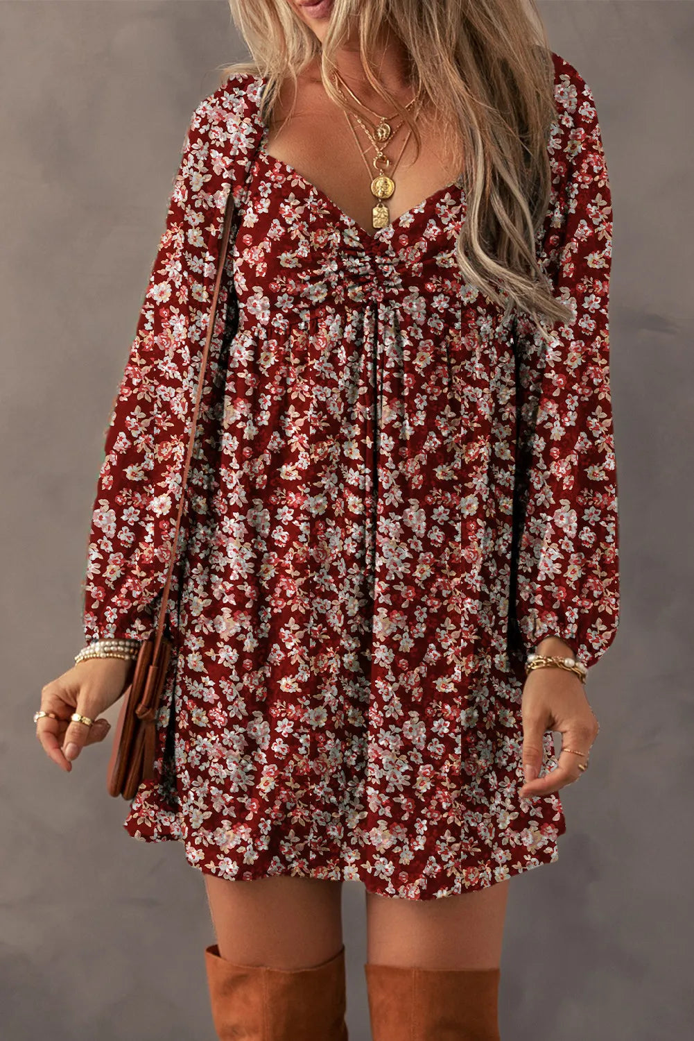 Ruched Fall Floral Print Long Sleeve Mini Dress