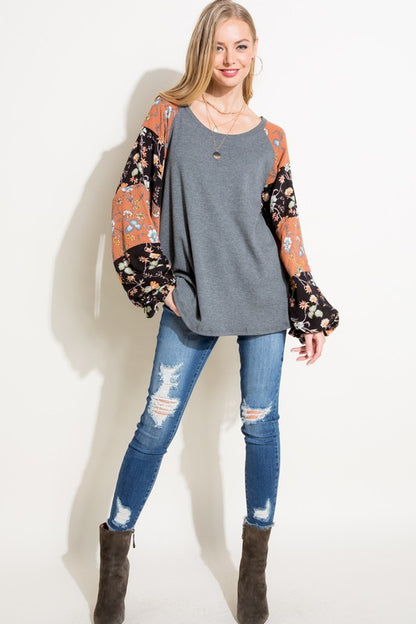 Floral Mixed Puff Long Sleeve Top-Plus