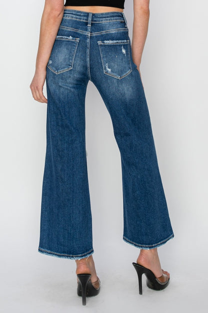 Risen High Rise Patch Detailed Wide Leg Crop Jeans