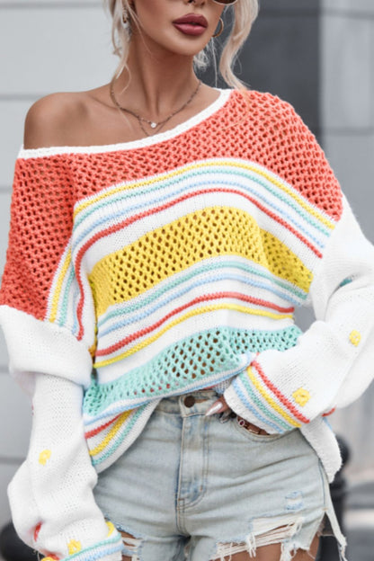 Hollow Striped Color Block Sweater