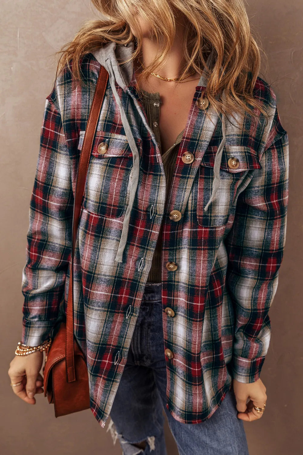 Plaid Button Up Drawstring Hooded Shacket