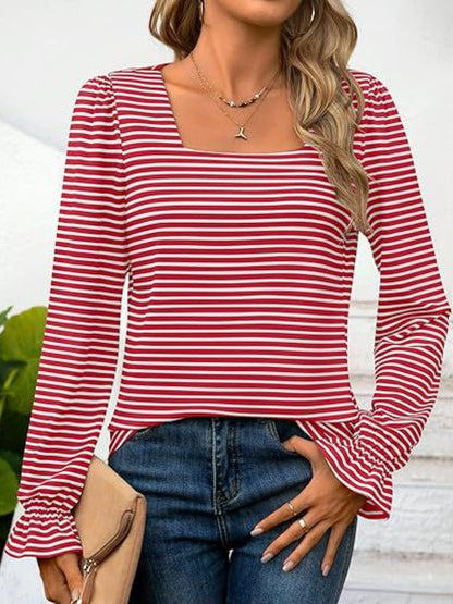 Striped Square Neck Flounce Sleeve Top