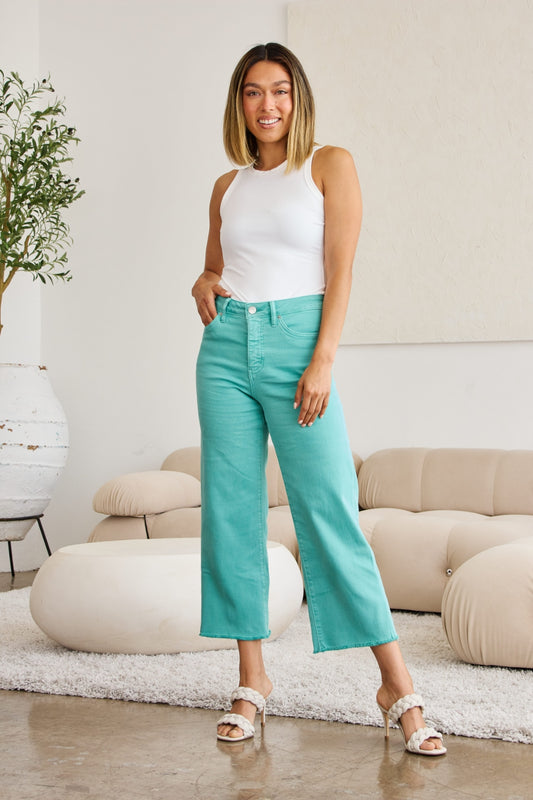 RFM Chloe Tummy Control High Waist Raw Hem Cropped Jeans-Island Green