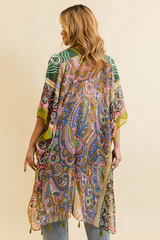 Paisley Printed Open Front Kimono w/ Cinched Arms