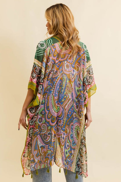 Paisley Printed Open Front Kimono w/ Cinched Arms