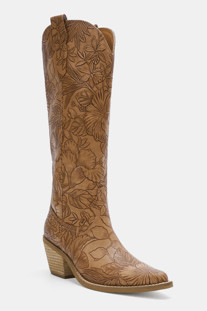 Beast Fashion Embossed Floral  Block Heel Boots