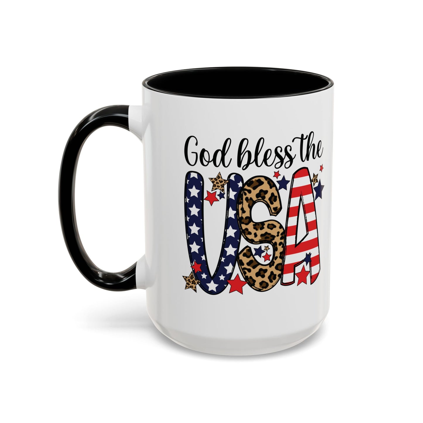 God Bless the USA Accent Coffee Mug – Patriotic Stars & Leopard 11/15oz